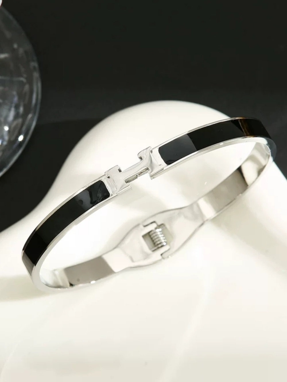 Luxury Inspired Black Enamel H Bangle Bracelet Silver Tone Designer Style Cuff